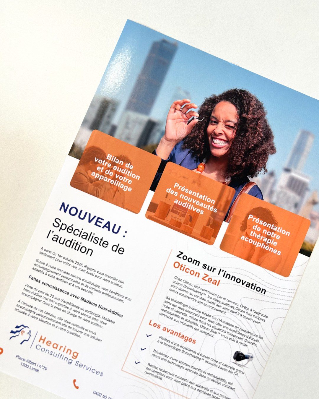 Flyer Hearing Consulting Services, nouveau service d'audiologie chez Rigoptic
